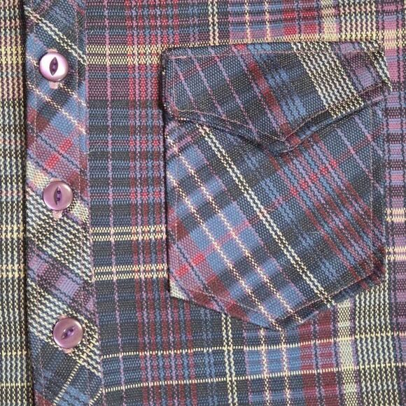 VINTAGE MENS MEDIUM 60'S 70'S POLY HEAVY LS SHIRT WING COLLAR PLAID PURPLE - Picture 3 of 8